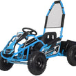 Load image into Gallery viewer, Blue off-road go-kart with black seat and roll cage, featuring large knobby tires and sporty decals.