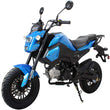 Load image into Gallery viewer, Blue mini motorcycle with black accents and mirrors, featuring a sporty design and knobby tires, parked on a white background.