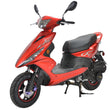 Load image into Gallery viewer, Red electric scooter with flame decals, black seat, and dual mirrors on a white background.