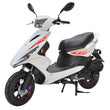 Load image into Gallery viewer, White modern electric scooter with red flame decals on the side, black seat, and sturdy kickstand.