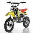 Load image into Gallery viewer, Yellow and black off-road dirt bike with red seat, front view on white background.