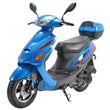 Load image into Gallery viewer, Blue electric scooter with a storage box on the rear against a white background.