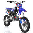 Load image into Gallery viewer, Blue and white dirt bike with sporty design and rugged tires on a reflective surface.
