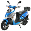 Load image into Gallery viewer, Blue and silver electric scooter with rear storage box and black seat.
