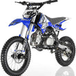 Load image into Gallery viewer, Blue and white dirt bike with knobby tires and sporty design on a white background.