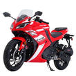 Load image into Gallery viewer, Red racing motorcycle with sleek design and aerodynamic windshield, featuring dual seats and prominent brand decals.