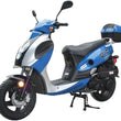Load image into Gallery viewer, Blue and silver VIP scooter with front disc brakes and rear luggage box on a white background.