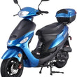 Load image into Gallery viewer, Blue electric scooter with black seats and rear storage box, showcasing stylish design and modern features for urban commuting.