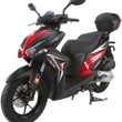 Load image into Gallery viewer, Red and black scooter with angular design and rear storage box, front and side view.