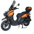 Load image into Gallery viewer, Orange adventure scooter 200 EFI with windscreen and luggage box on white background.