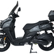 Load image into Gallery viewer, Black modern scooter with windshield and storage box, side view.