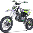 Load image into Gallery viewer, Off-road dirt bike with colorful green, purple, and white graphics on the body, featuring knobby tires and a sturdy frame designed for rugged terrain riding.