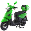 Load image into Gallery viewer, Green electric scooter with storage box and black seat on white background.