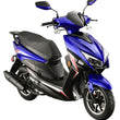 Load image into Gallery viewer, Blue and black electric scooter with sleek futuristic design and angular lines.