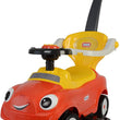 Load image into Gallery viewer, Red and yellow ride-on toy car for toddlers with steering wheel and push handle, designed with smiling face and durable wheels.