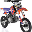 Load image into Gallery viewer, Orange and blue dirt bike with a 125cc engine, designed for off-road racing with knobby tires and a sporty frame.