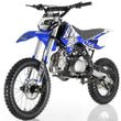 Load image into Gallery viewer, Blue and white dirt bike with "RFZ" branding, featuring knobby tires, front suspension, and exposed engine components.