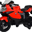 Load image into Gallery viewer, Red kids' ride-on toy motorcycle with BMW logo and training wheels.