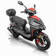Load image into Gallery viewer, Red and black modern electric scooter with front disc brakes and rear carrier box on a white background.