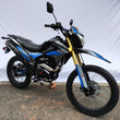Load image into Gallery viewer, Black and blue dirt bike with gold front forks and off-road tires displayed against a white background.
