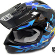 Load image into Gallery viewer, Black motocross helmet with vibrant blue and yellow graphics featuring arrows and abstract designs, showing ventilation and cushioned interior.