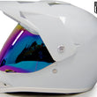 Load image into Gallery viewer, White motorcycle helmet with a reflective iridescent visor on a white background displaying a Hard Head Helmets logo.