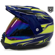 Load image into Gallery viewer, Blue and neon yellow motocross helmet with reflective visor and aerodynamic design from Hard Head Helmets.