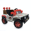 Load image into Gallery viewer, Toy ride-on car designed like a Jurassic Park themed SUV with red wheels and headlights.