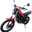 Load image into Gallery viewer, Red off-road motorcycle with black seat and handlebars, featuring front suspension and rugged tires, parked on a white background.