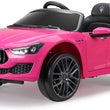 Load image into Gallery viewer, Pink toy Maserati car for kids with black wheels and detailed interior.