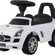 Load image into Gallery viewer, White Mercedes-Benz ride-on toy car for kids featuring black seat and steering wheel, designed to resemble a luxury sports car with detailed headlights and wheel rims.