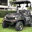 Load image into Gallery viewer, Black four-seater golf cart parked on green grass near a building with hedges in the background.