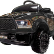 Load image into Gallery viewer, Electric kids ride-on truck with camo print, featuring large rugged tires, LED headlights, and a realistic grille design.