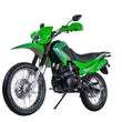 Load image into Gallery viewer, Green off-road motorcycle with knobby tires and black seat on a white background.