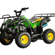 Load image into Gallery viewer, Green and yellow all-terrain vehicle (ATV) with heavy-duty tires and front and rear luggage racks on a white background.