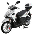 Load image into Gallery viewer, White electric scooter with sleek design and black seat, equipped with a rear storage box, standing on a kickstand against a plain background.