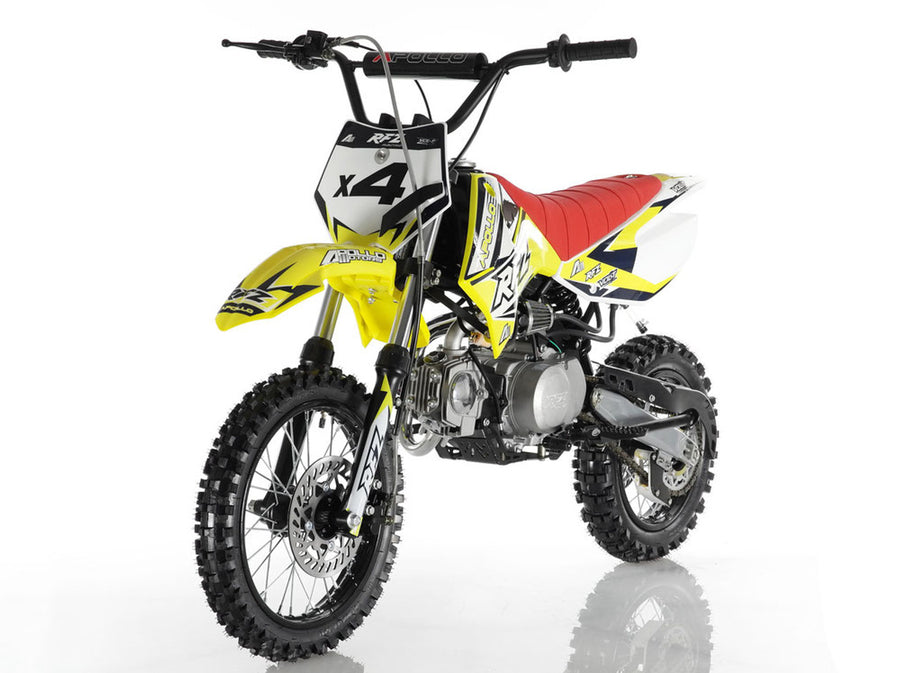 Yellow and black off-road dirt bike with red seat, front view on white background.