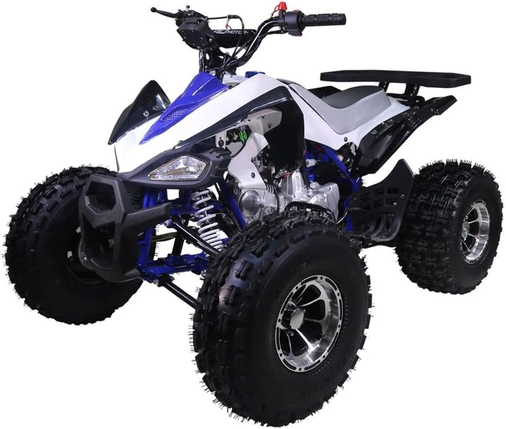Blue and white all-terrain vehicle (ATV) with large off-road tires and sporty design.