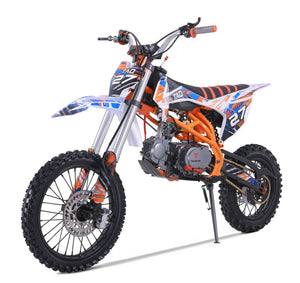 Off-road dirt bike with orange, blue, and white body design, featuring number 27 on panels.