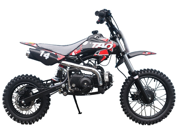 Black and red Tao dirt bike with number 14 on side, designed for off-road adventures.
