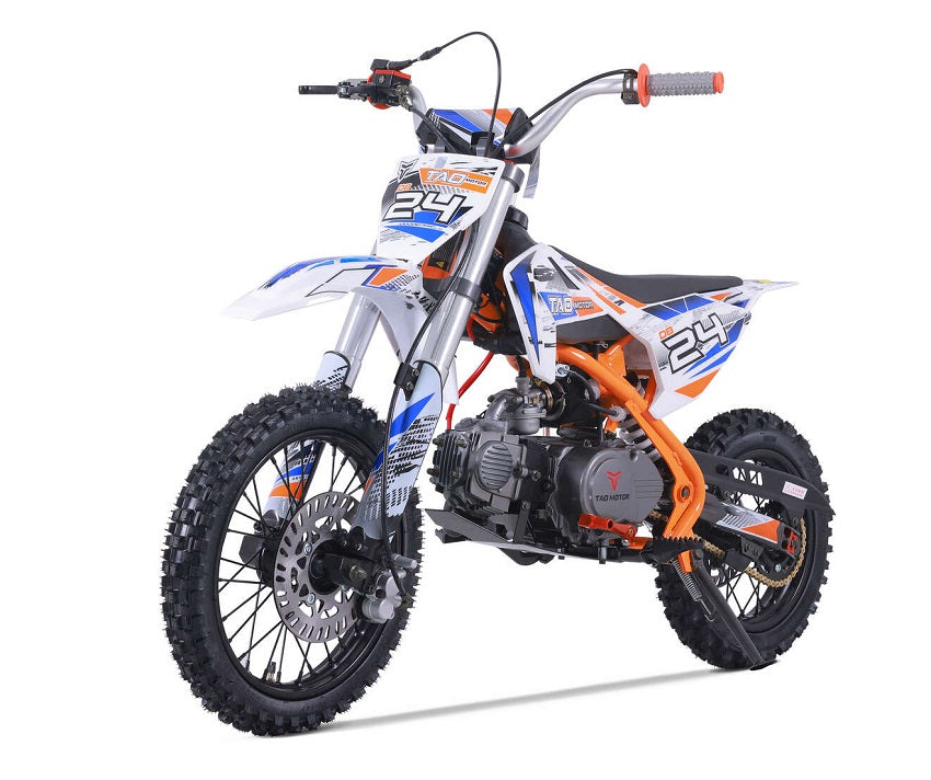 Youth dirt bike with number 24 and colorful decals, featuring rugged tires and a powerful engine.