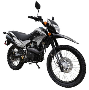 Black and gray dual-sport motorcycle with 250cc engine and off-road tires.