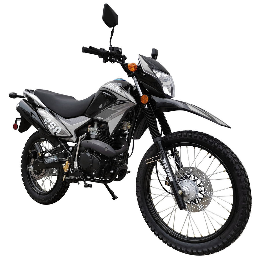 Black and gray dual-sport motorcycle with 250cc engine and off-road tires.